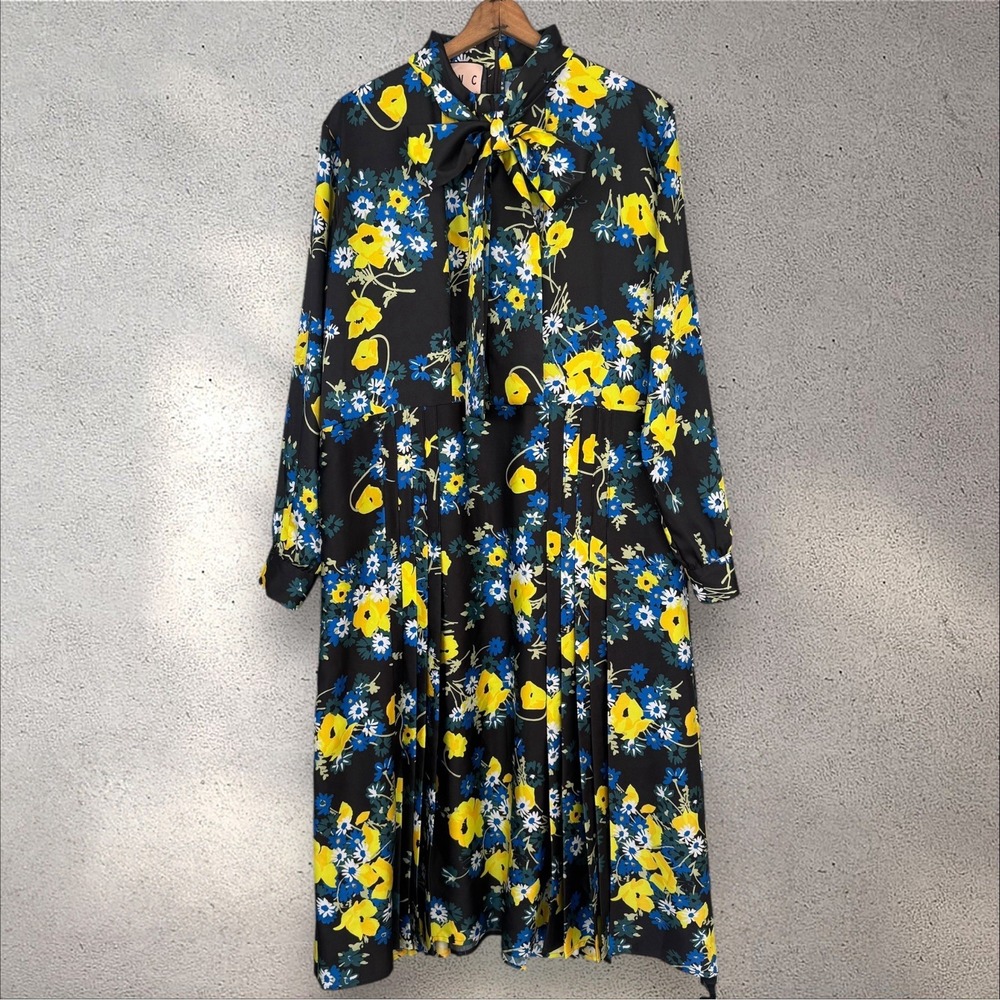 PLAN‎ C Floral Pleated Tie Neck Long Sleeve Midi Maxi Dress Sz IT 44 US 8